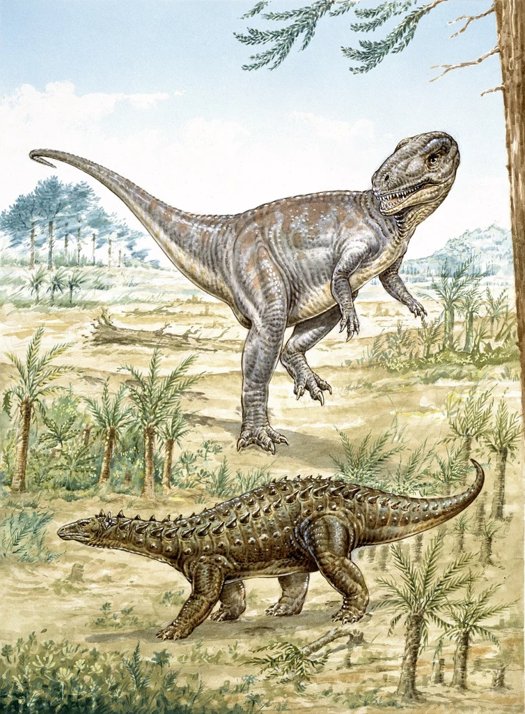Scelidozaur i drapieżnik zwany megalozaurem - krajobraz wczesnego mezozoiku z Anglii