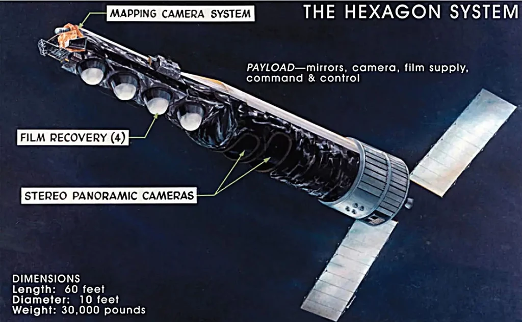 Schemat satelity KH-9 Hexagon, który miał wynieść S73-7.