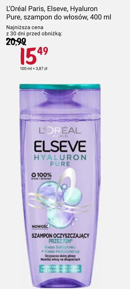 L'Oreal Paris Elseve Hyaluron Plump Szampon wypełniający nawilżeniem przez 72 h 400 ml