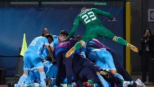 Eliminacje Euro 2024. Radość piłkarzy z San Marino po bramce zdobytej w meczu z Danią  