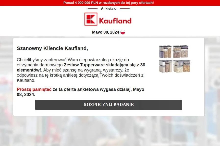Treść wiadomości e-mail wysłanej przez oszustów do klientów sieci Kaufland