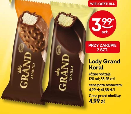 Koral Grand Lody waniliowe w mlecznej czekoladzie z migdałami 120 ml
