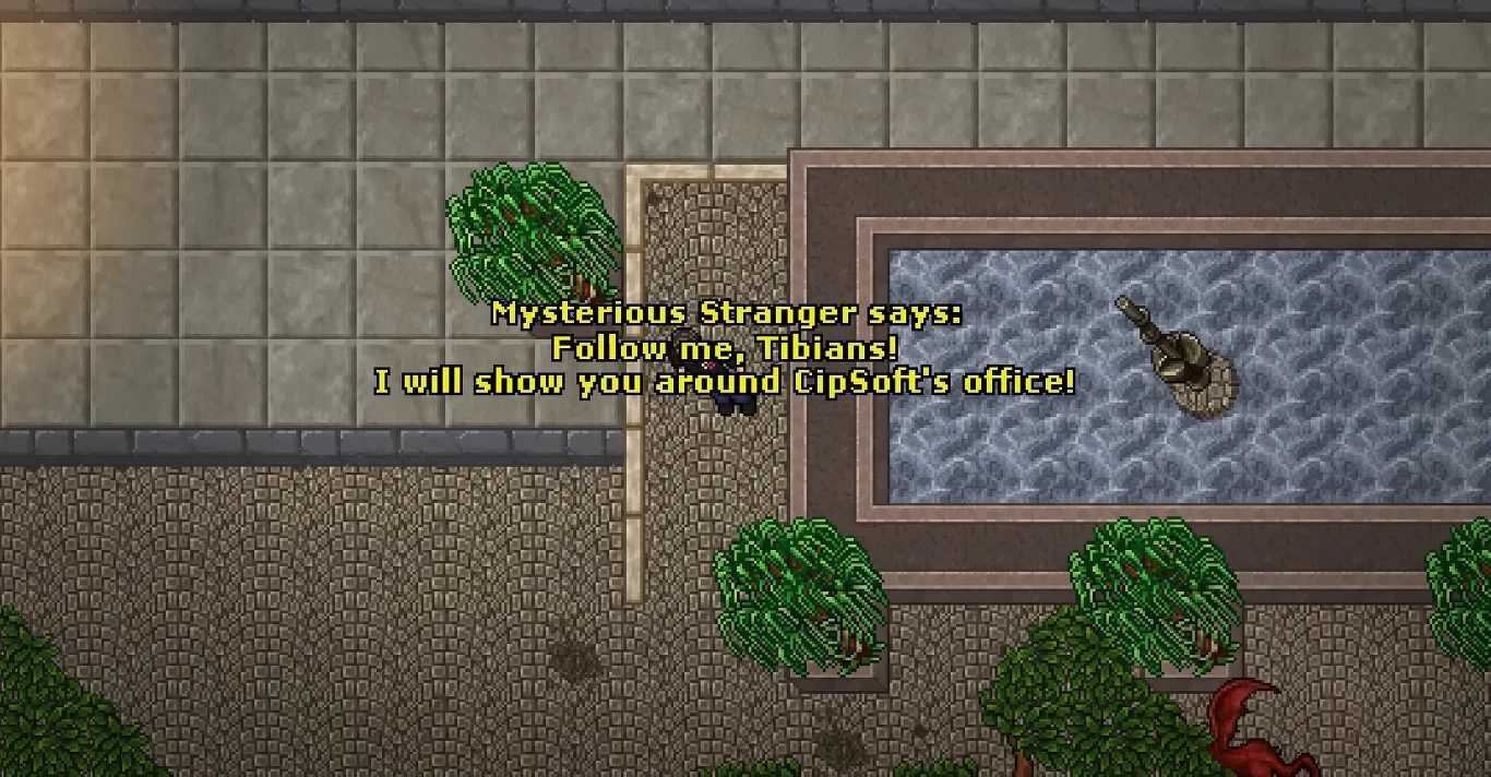 Tibia Postacie z gry Tibia stoją na brukowanej drodze przy fontannie, widoczne na tle zieleni i niebieskiej wody.