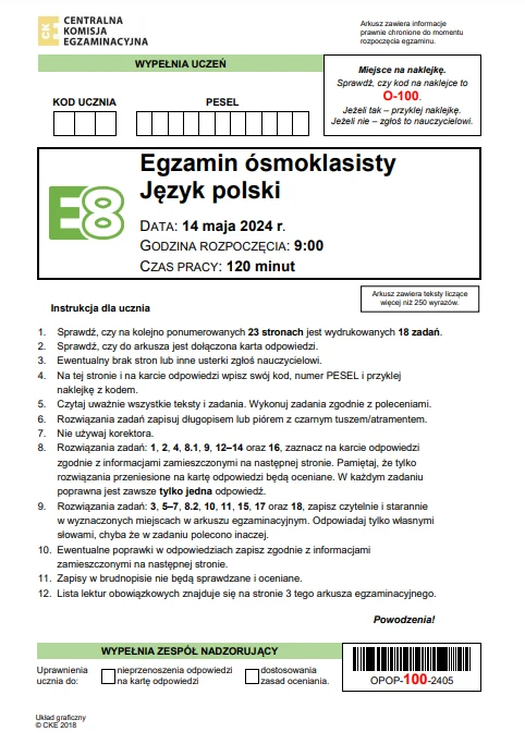 Egzamin ósmoklasisty 2024: Język polski. Arkusz CKE i odpowiedzi - strona 1 Egzamin ósmoklasisty 2024: Język polski. Arkusz CKE i odpowiedzi - strona 1