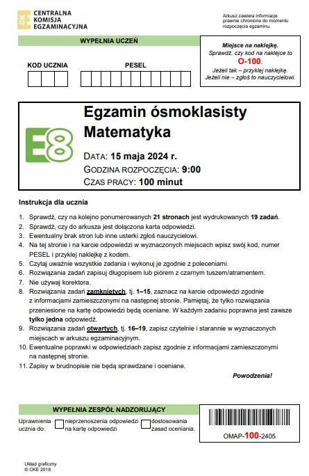 Egzamin ósmoklasisty 2024: Matematyka. Arkusz CKE i odpowiedzi - strona 1 Egzamin ósmoklasisty 2024: Matematyka. Arkusz CKE i odpowiedzi - strona 1
