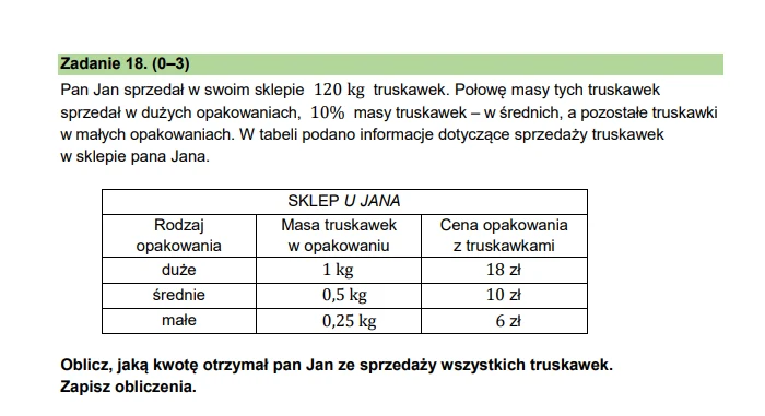 Egzamin ósmoklasisty 2024. Matematyka. Zadanie z truskawkami Egzamin ósmoklasisty 2024. Matematyka. Zadanie z truskawkami