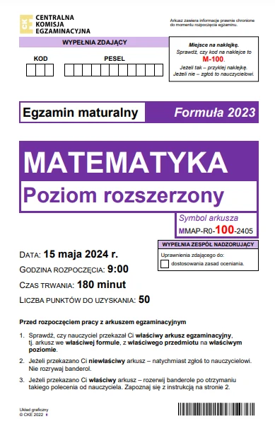 Matura 2024: Matematyka, poziom rozszerzony. Arkusz CKE i odpowiedzi - strona 1 Matura 2024: Matematyka, poziom rozszerzony. Arkusz CKE i odpowiedzi - strona 1