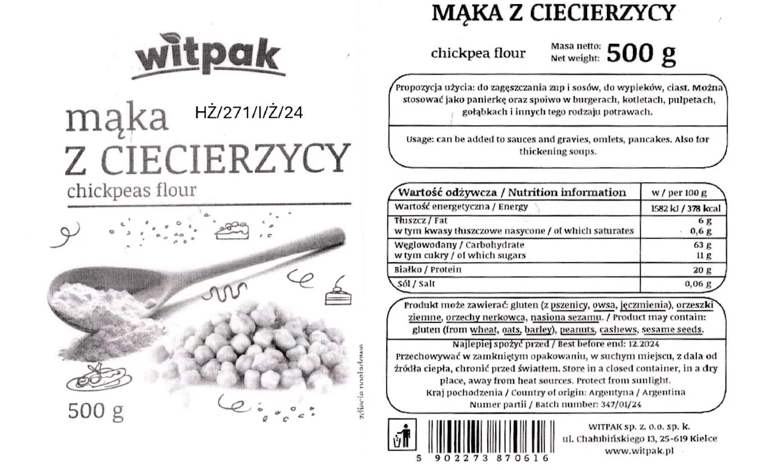 Główny Inspektorat Sanitarny ostrzega o zagrożeniu związanym z „mąką z ciecierzycy chickpeas flour, 500 g”