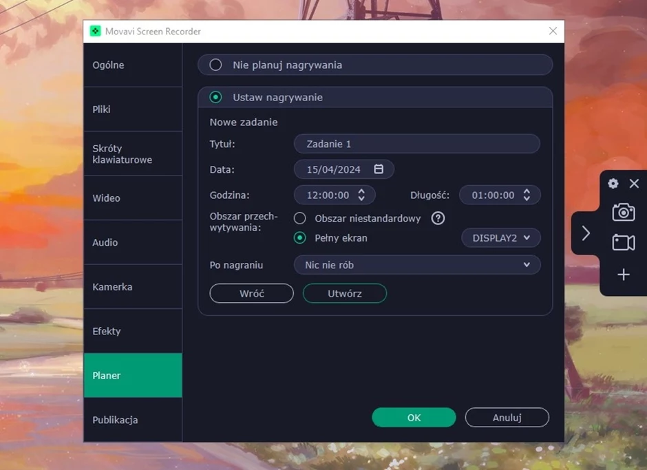 Zaplanowane nagrania w Movavi Screen Recorder