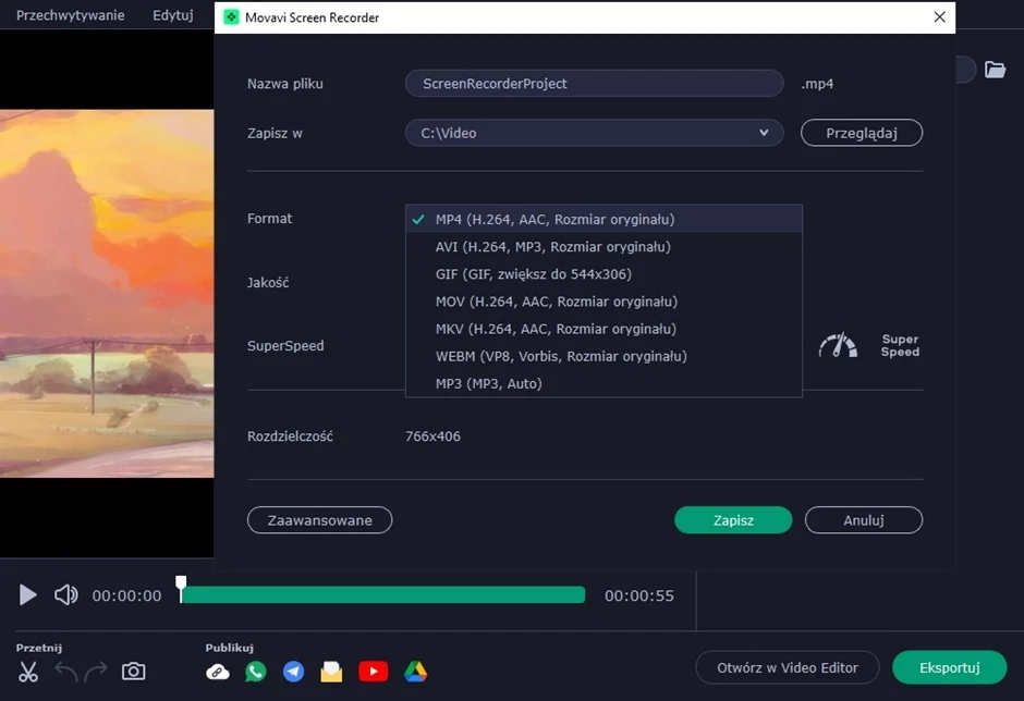 Możesz zapisać wideo w różnych formatach