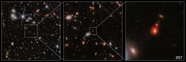 Najodleglejsze scalenie się czarnych dziur uchwycone przez Kosmiczny Teleskop Jamesa Webba. Najodleglejsze scalenie się czarnych dziur uchwycone przez Kosmiczny Teleskop Jamesa Webba.