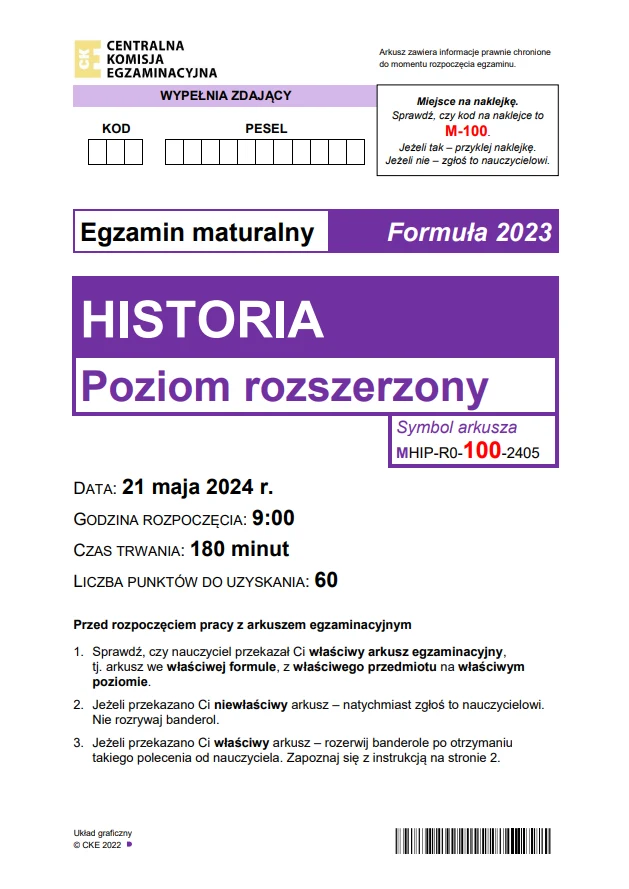 Matura 2024. Historia rozszerzona. Arkusz CKE i odpowiedzi - strona 1 Matura 2024. Historia rozszerzona. Arkusz CKE i odpowiedzi - strona 1