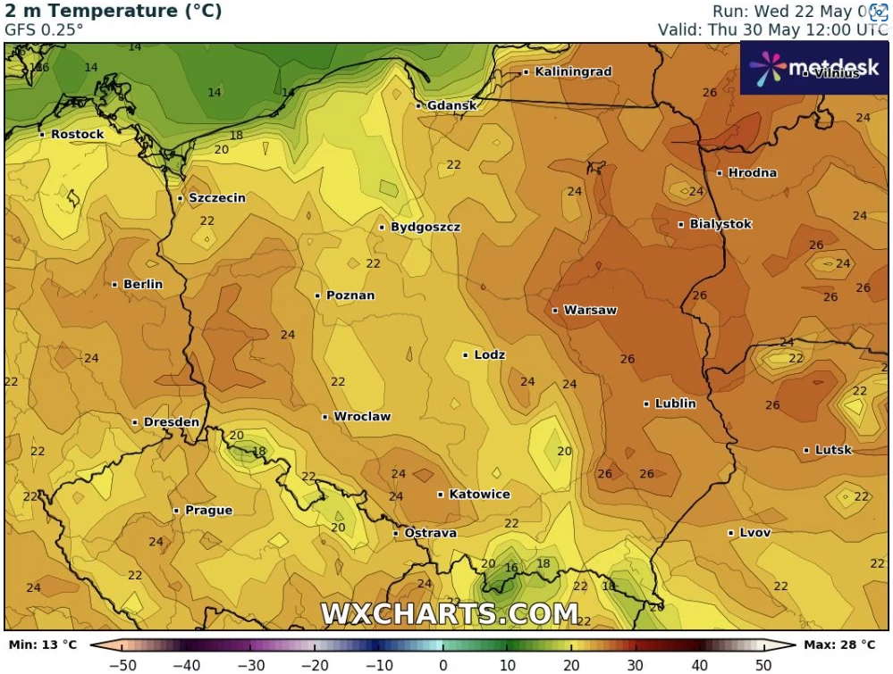 30 maja miejscami temperatura może się zbliżyć do poziomu około 27 stopni Celsjusza. Możliwe, że lokalnie wystąpi nawet upał