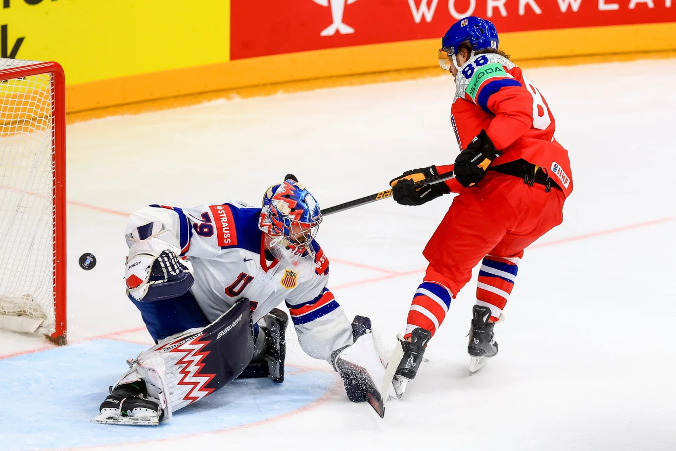 David Pastrnak w ataku na bramkę USA