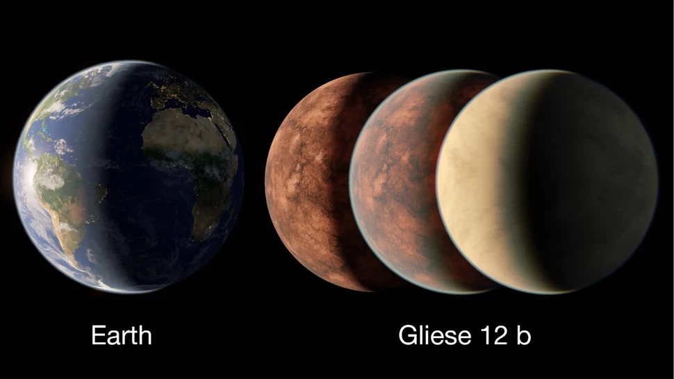 Wizja artystyczna z porównaniem planety Gliese 12 b do Ziemi.