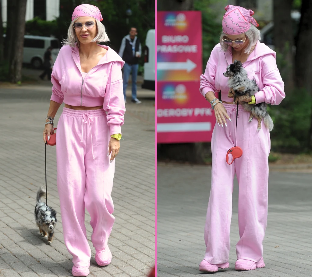 Zrelaksowana Doda cała na różowo. Przechadza się z pieskiem przed Polsat Hit Festiwal  Zrelaksowana Doda cała na różowo. Przechadza się z pieskiem przed Polsat Hit Festiwal