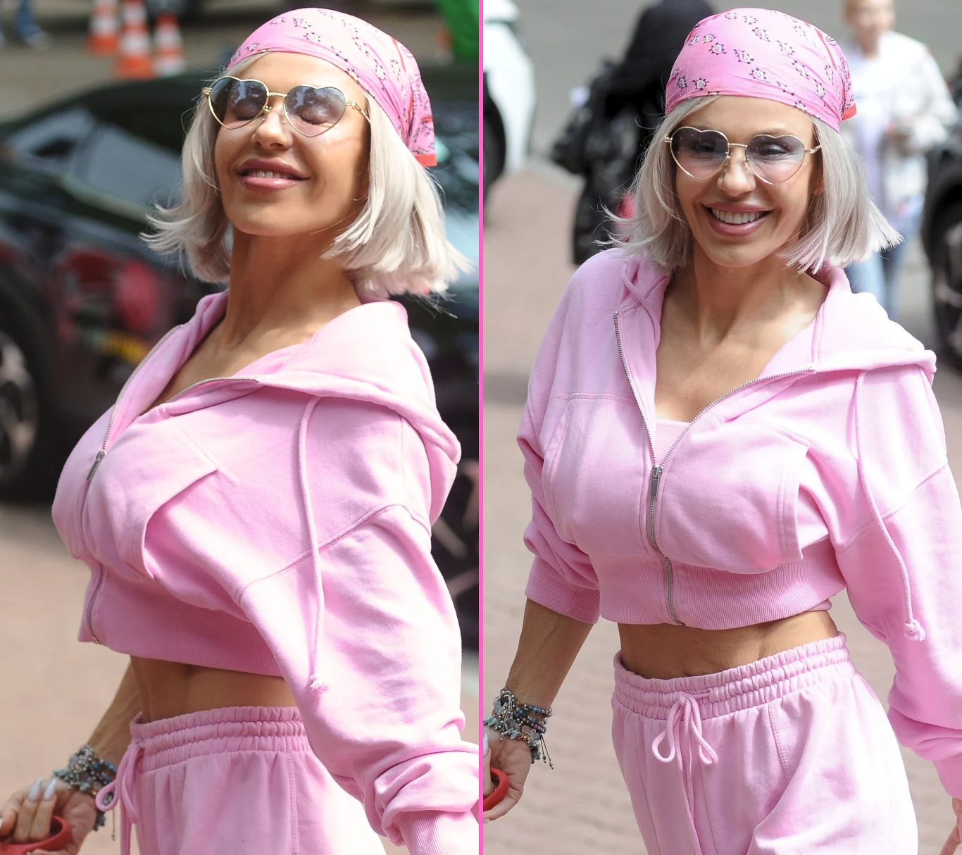 Zrelaksowana Doda cała na różowo. Przechadza się z pieskiem przed Polsat Hit Festiwal 