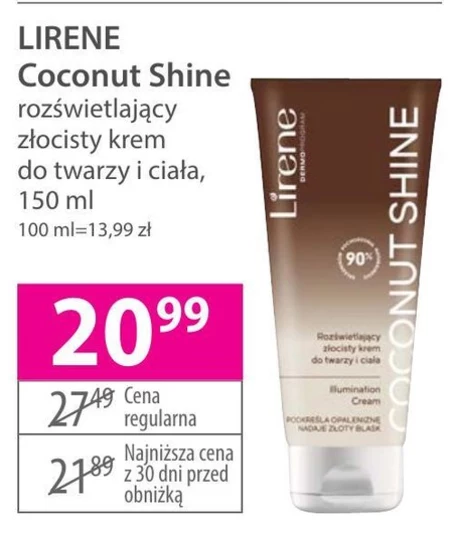 Lirene Coconut Shine Rozświetlający złocisty krem do twarzy i ciała 150 ml