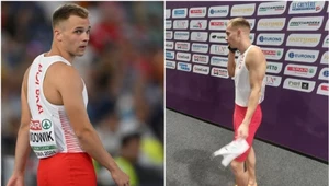 Oliwer Wdowik na stadionie (po lewej) i w strefie wywiadów, gdzie rozmawia przez telefon