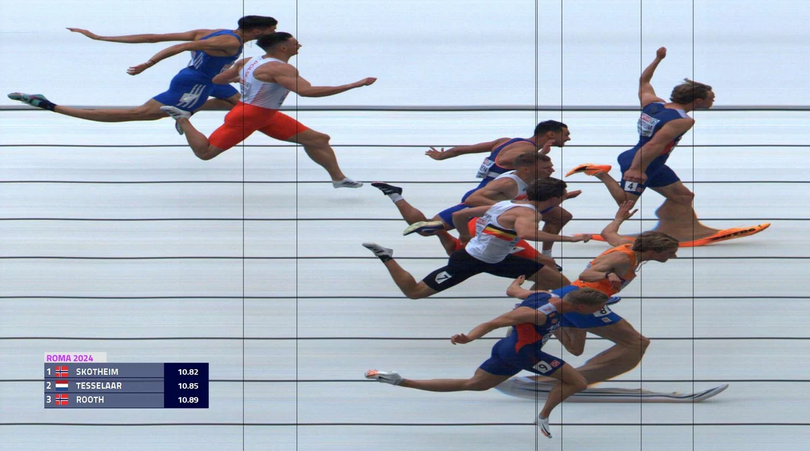 Zapis fotokomórki z biegu wielobostów na 100 m. Paweł Wiesiołek jest przedostatni, a Węgier w trzyosobowej grupie