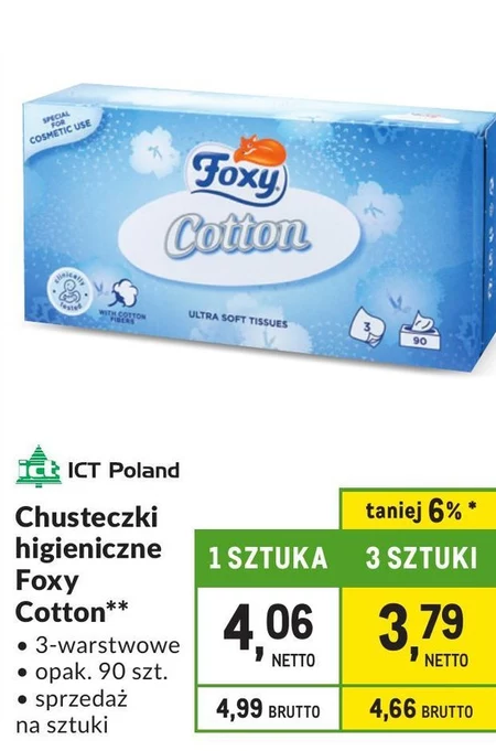 Foxy Cotton Ultra miękkie chusteczki 3 warstwy 90 sztuk