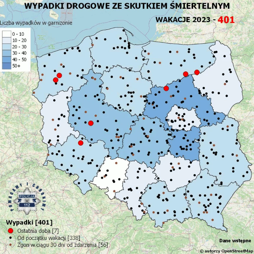 W zeszłym roku na koniec wakacji sytuacja na polskich drogach wyglądała w ten sposób. Mapa z roku 2024 jest jeszcze pusta.