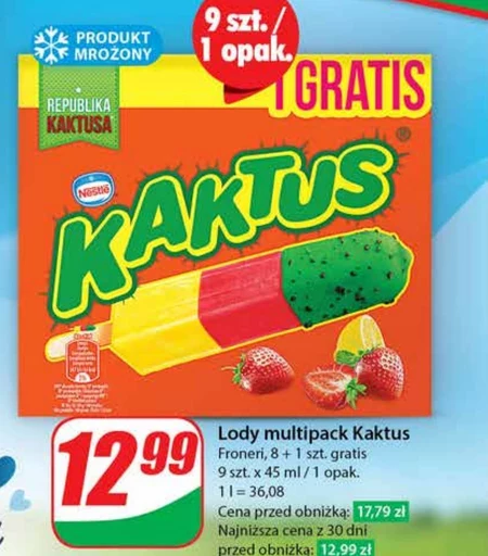 Kaktus Lody wodne o smaku cytrynowym i sorbet truskawkowy 405 ml (9 sztuk)