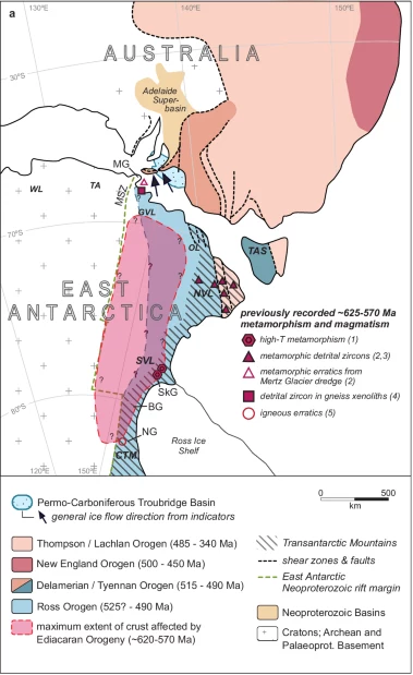 Uproszczona mapa tektoniczna przedstawiająca różne regiony górzyste Australii i Antarktydy, kiedy oba kontynenty zostały połączone w ramach superkontynentu Gondwany. Góry Transantarktyczne są oznaczone zakreskowanym obszarem, a obszar zacieniony na różowo oznacza region, w którym prawdopodobnie utworzył się granat.