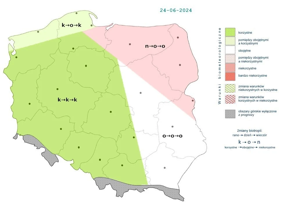 W większości Polski biomet będzie korzystny, choć rano na północnym wschodzie warunki będą niekorzystne, a potem obojętne