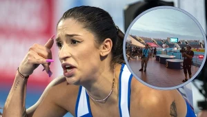 Ewa Swoboda i zapadjące ciemności na stadionie (w ramce)