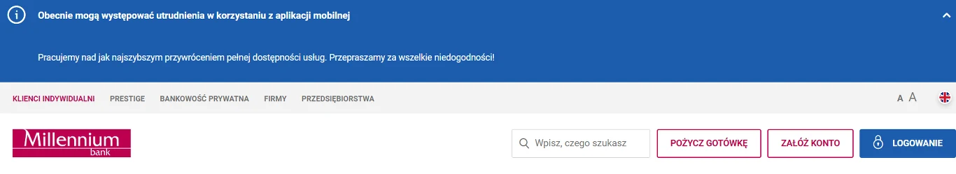 Informacja na stronie banku Millennium