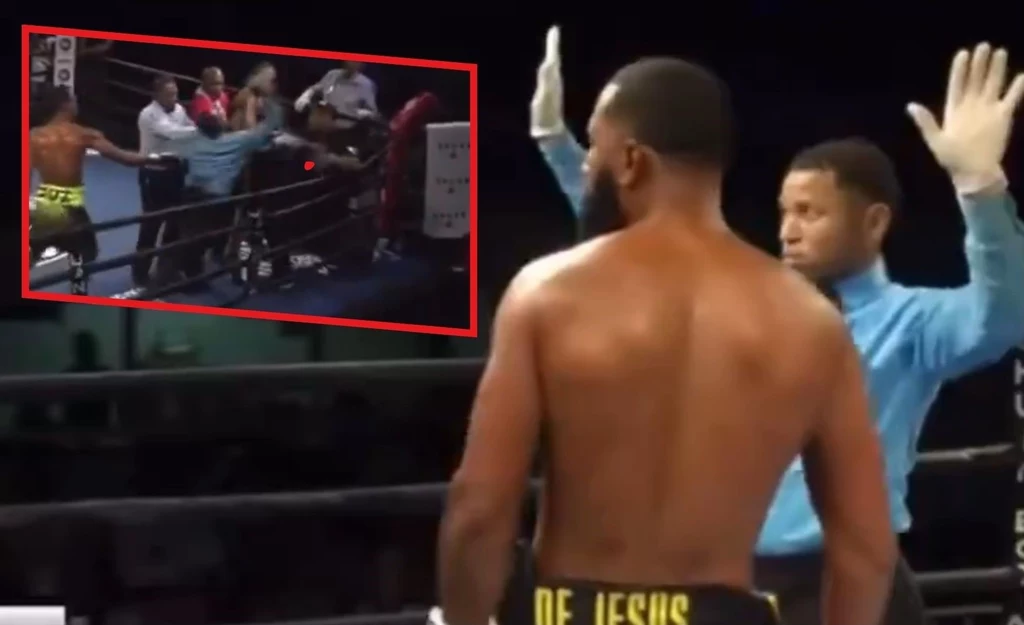 Za moment Julio de Jesus zaatakuje sędziego ringowego (źródło: https://twitter.com/shuanboxing) Za moment Julio de Jesus zaatakuje sędziego ringowego (źródło: https://twitter.com/shuanboxing)