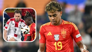 Euro 2024: Gruzja - Hiszpania. Na zdjęciu Otar Kakabadze, Nico Williams oraz Lamine Yamal