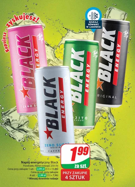 Black Energy Zero Sugar Gazowany napój energetyzujący bez cukru 250 ml