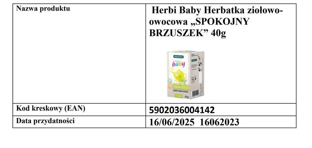 Auchan informuje o wycofaniu ze sprzedaży herbatki dla dzieci Herbi Baby Herbatka ziołowoowocowa „Spokojny Brzuszek” 40g