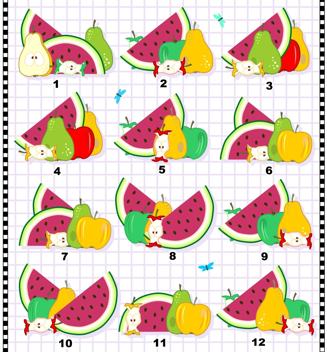 Wśród obrazków kryją się dwa identyczne zestawy owoców Wśród obrazków kryją się dwa identyczne zestawy owoców