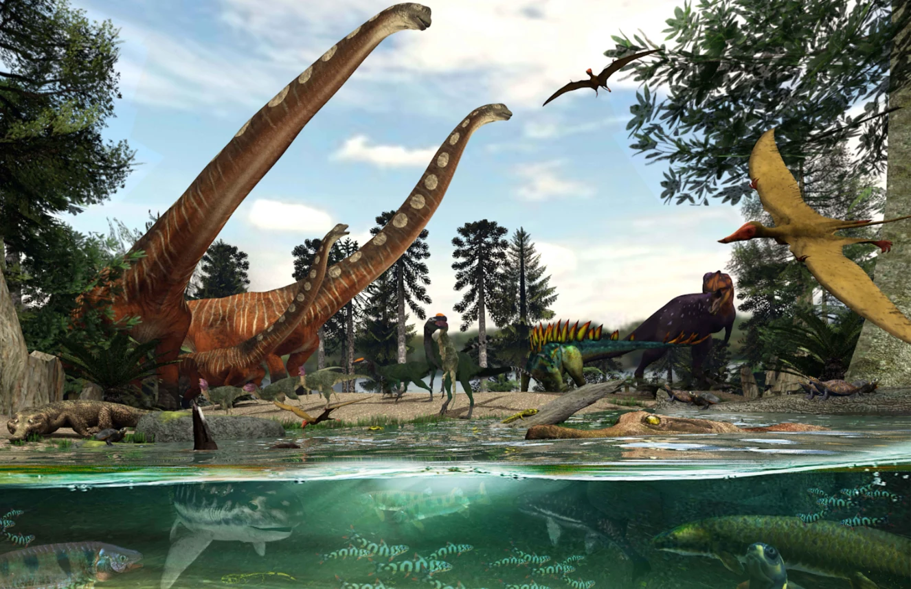 Krajobraz mezozoicznej Tajlandii z wczesnymi tyranozaurami