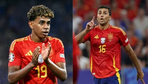 Euro 2024. Na zdjęciu reprezentanci Hiszpanii - Lamine Yamal oraz Rodri