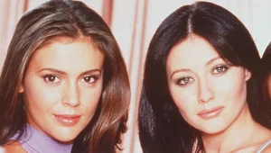 Alyssa Milano i Shannen Doherty na grafice promującej serial "Czarodziejki"
