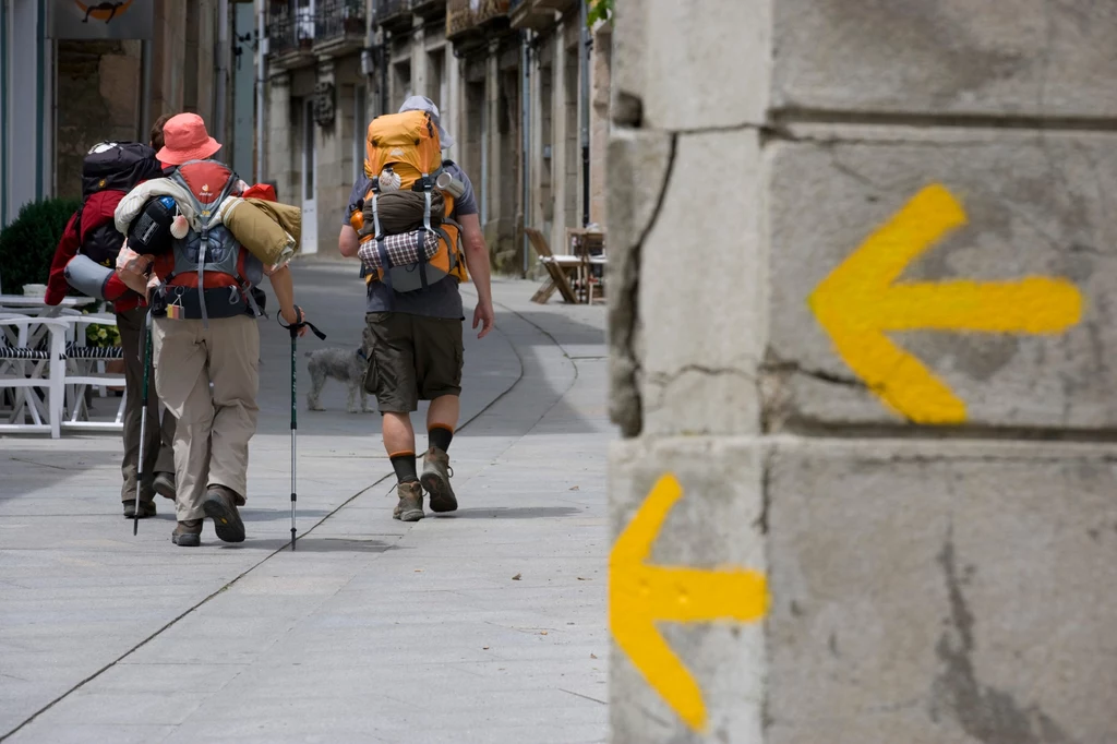 Camino de Santiago. Żółte strzałki wskazują drogę do Katedry