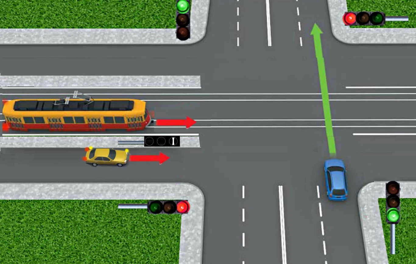Tramwaj i żółty samochód nie mogą wjechać na skrzyżowanie