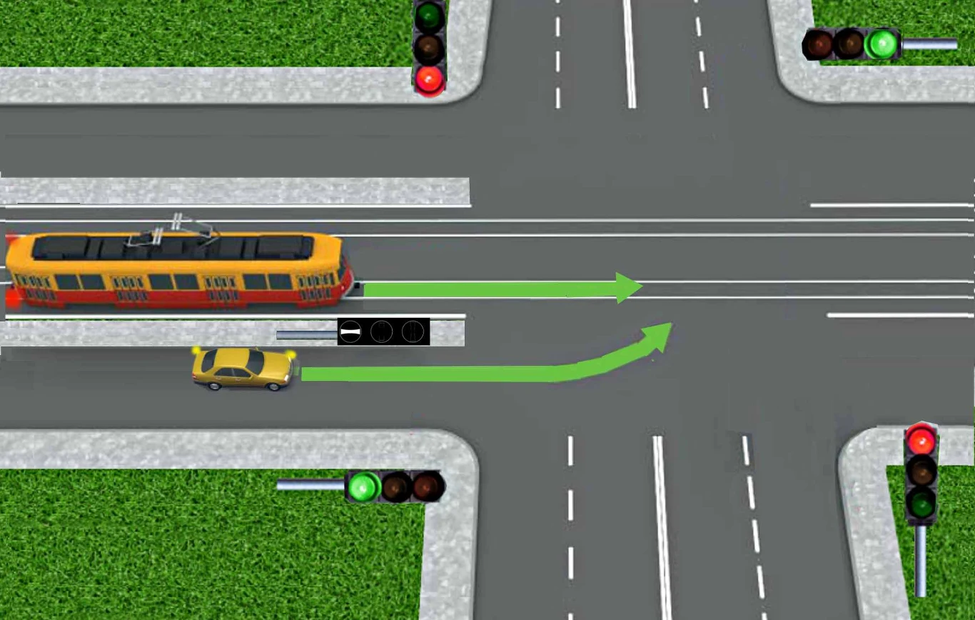 Oba pojazdy mogą wjechać na skrzyżowanie. Tramwaj ma pierwszeństwo przed skręcającym samochodem