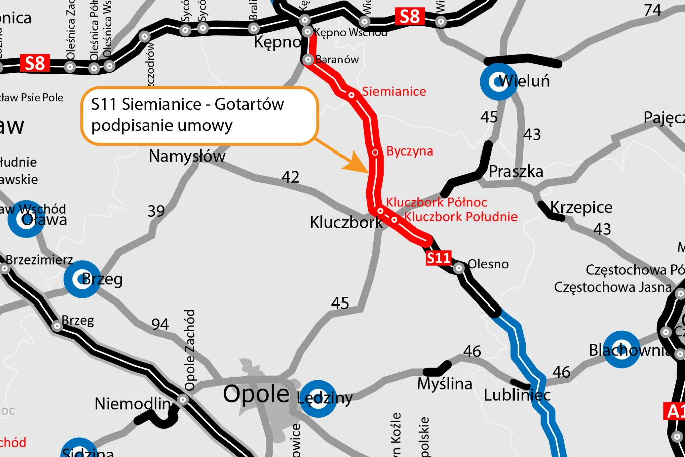 GDDKiA podpisała umowę na zaprojektowanie i budowę prawie 23-kilometrowego odcinka drogi S11 od Siemianic do Gotartowa. GDDKiA podpisała umowę na zaprojektowanie i budowę prawie 23-kilometrowego odcinka drogi S11 od Siemianic do Gotartowa.