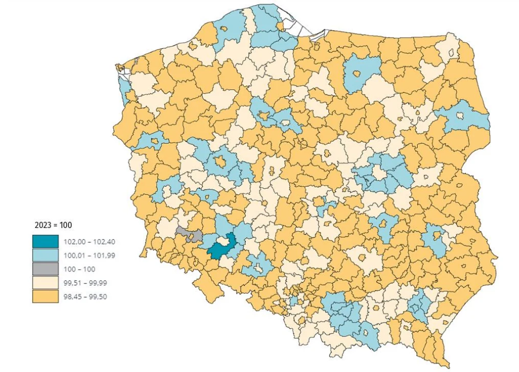 Zmiana liczby ludności w powiatach Zmiana liczby ludności w powiatach