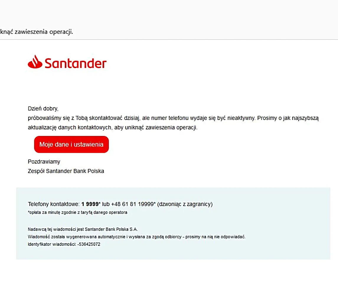 Treść wiadomości od oszustów do klienta banku Santander