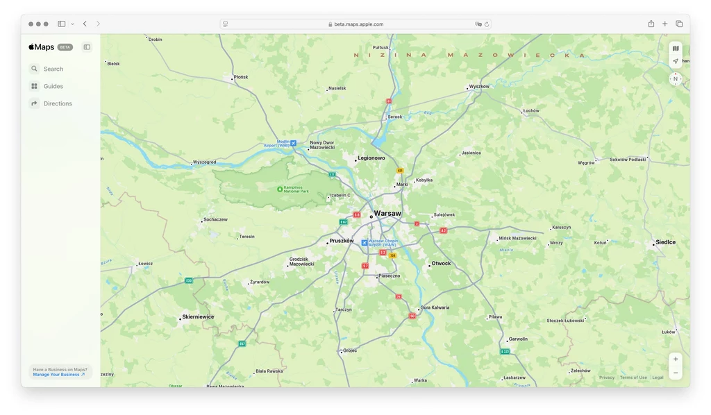 Apple Maps beta w przeglądarce.