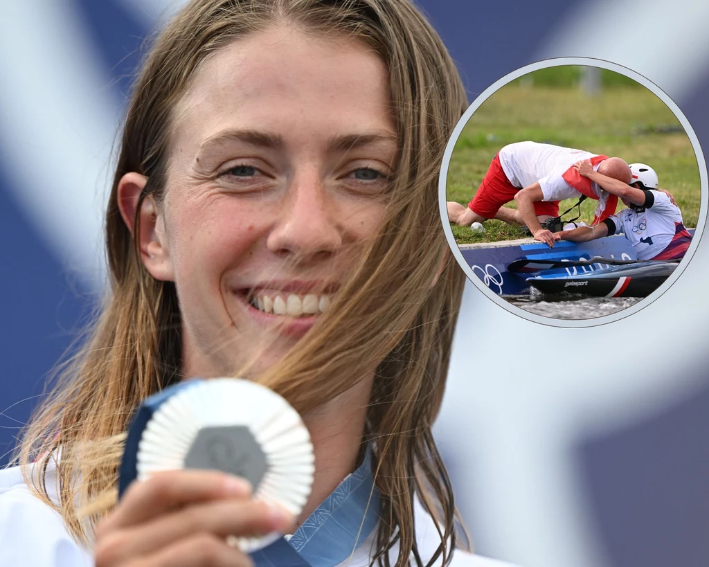 Klaudia Zwolińska ze srebrnym medalem olimpijskim. W ramce odbiera gratulacje od taty Marka Klaudia Zwolińska ze srebrnym medalem olimpijskim. W ramce odbiera gratulacje od taty Marka