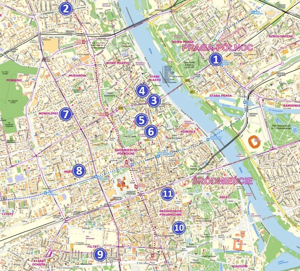 Mapa wybranych punktów, w których można odnaleźć ślady po Powstaniu Warszawskim i okupacji