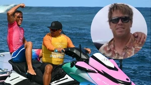 Benjamin Lowe (na małym zdj.) olimpijską rywalizację surferów może już śledzić tylko w roli widza (Źródło: AFP/Instagram)