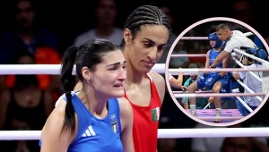 Imane Khelif (po prawej) i Włoszka Angela Carini. W ramce Tomasz Dylak